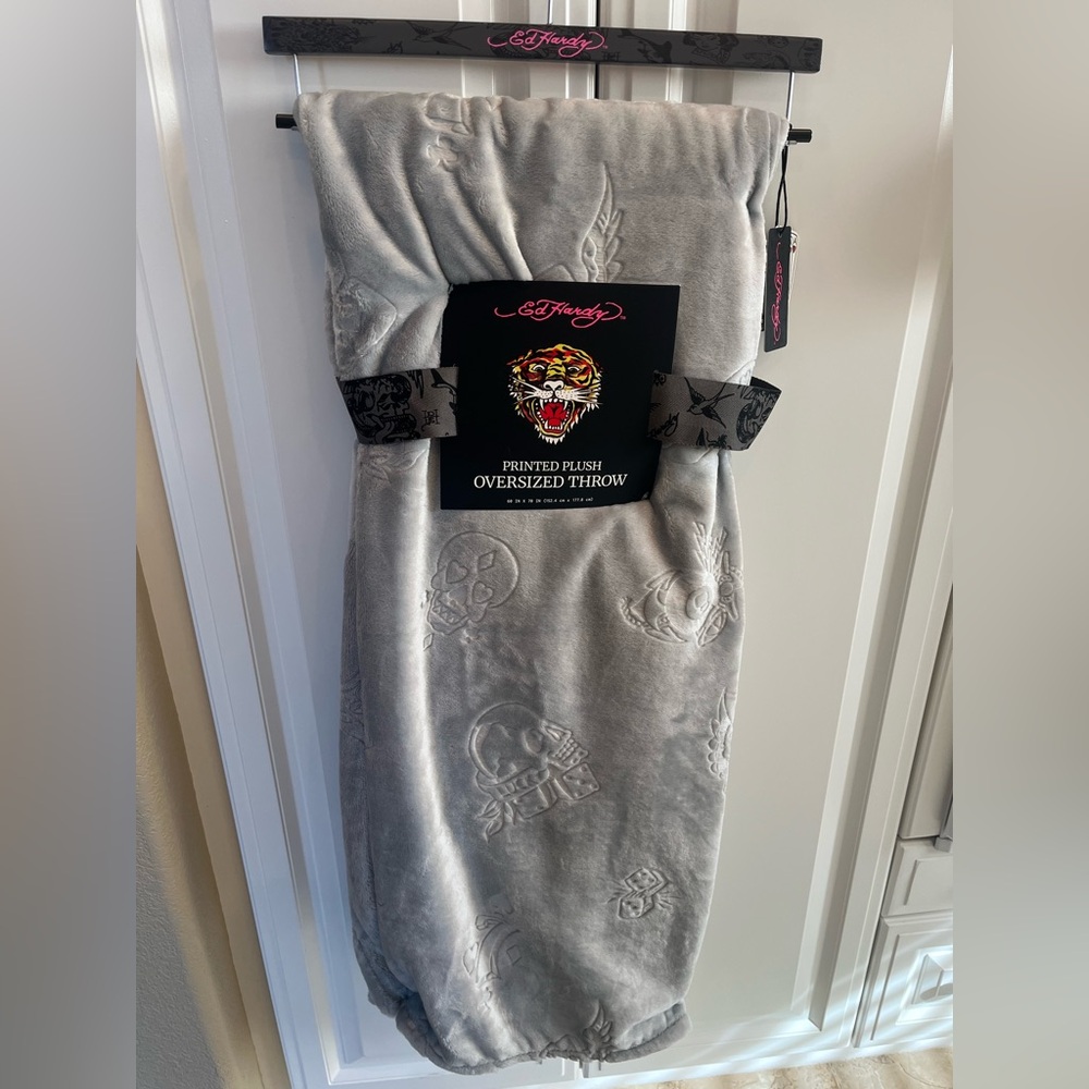 Ed Hardy Grey Plush Throw Blanket